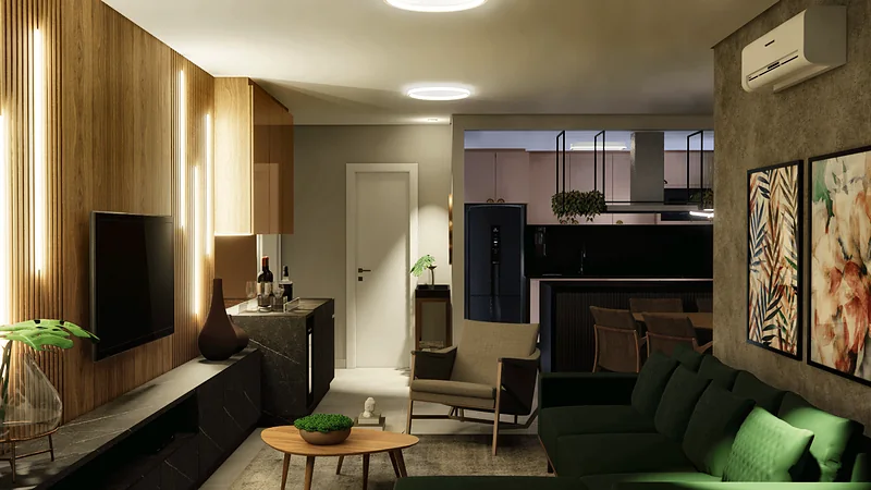 Sala de estar com sofá verde e painel ripado de madeira