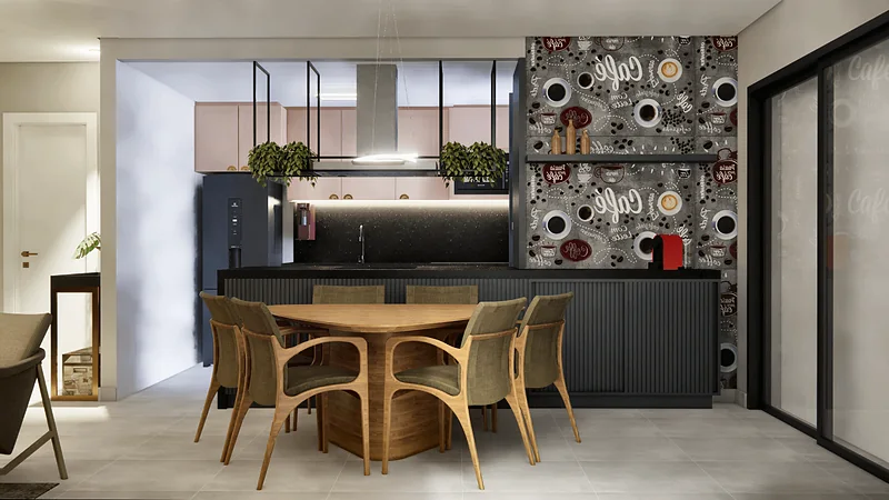 Cozinha integrada com marcenaria em dois tons, mesa de jantar e painel de papel de parede estampado