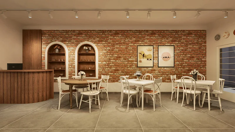 Café Confeitaria: café e confeitaria com salão em tijolo aparente, balcão de vitrine, área de estar e espaço externo coberto