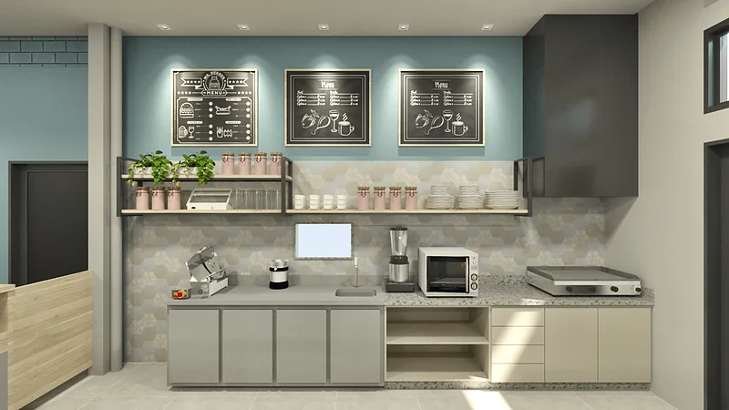 Área de preparo de café com bancadas e equipamentos
