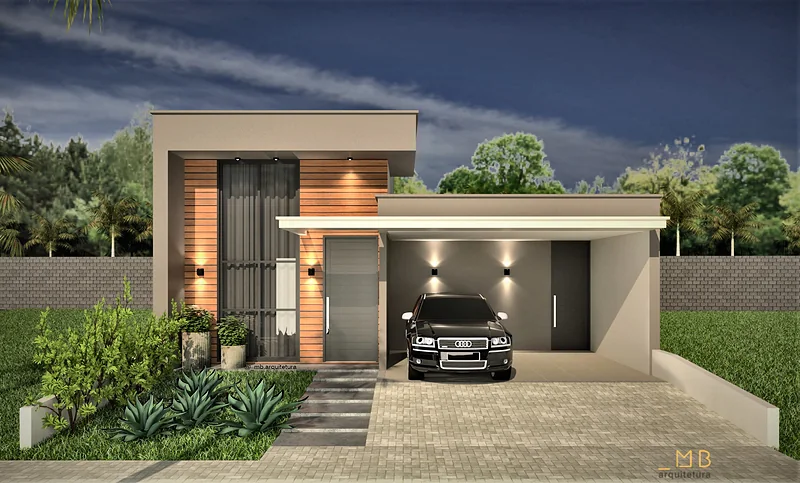 Casa Multipavimentos: fachada com volume revestido em madeira, garagem coberta e iluminação de fachada