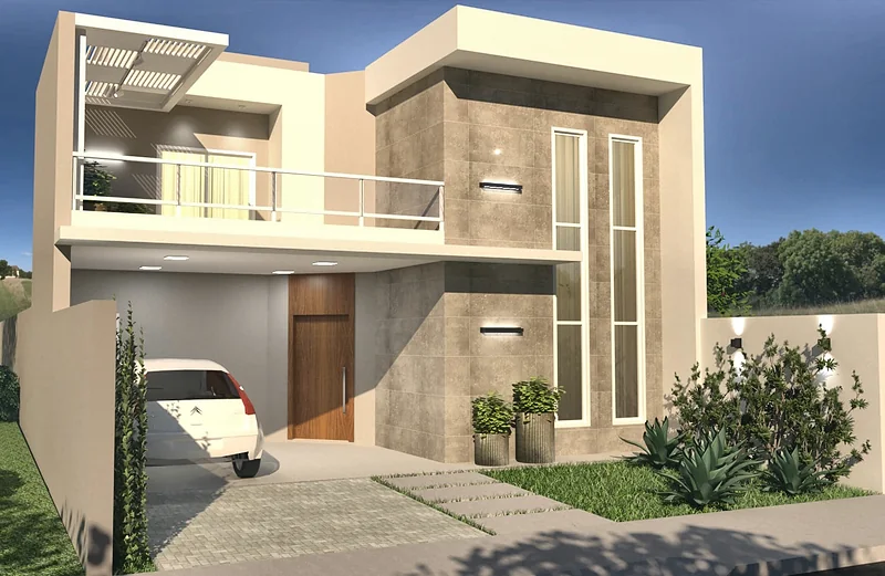 Casa Sobrado: sobrado com varanda no pavimento superior, pergolado e jardim vertical