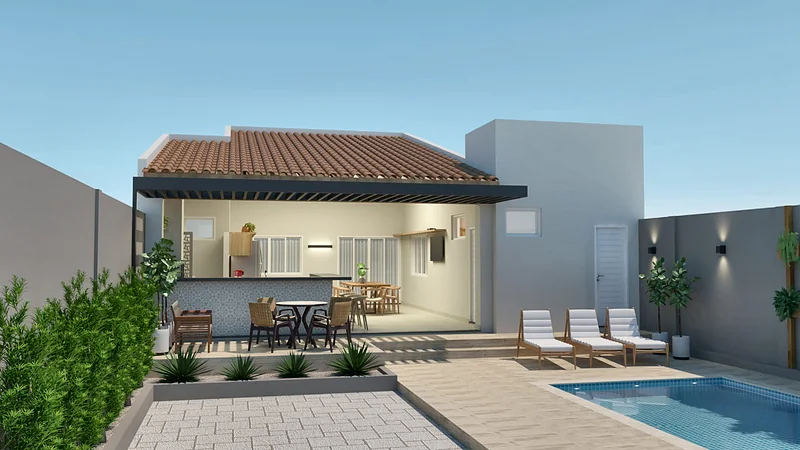 Casa Varanda Gourmet: área de lazer com varanda gourmet, cozinha, churrasqueira, mesa longa para receber e piscina