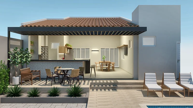 Área de lazer com varanda gourmet coberta por pérgola e piscina