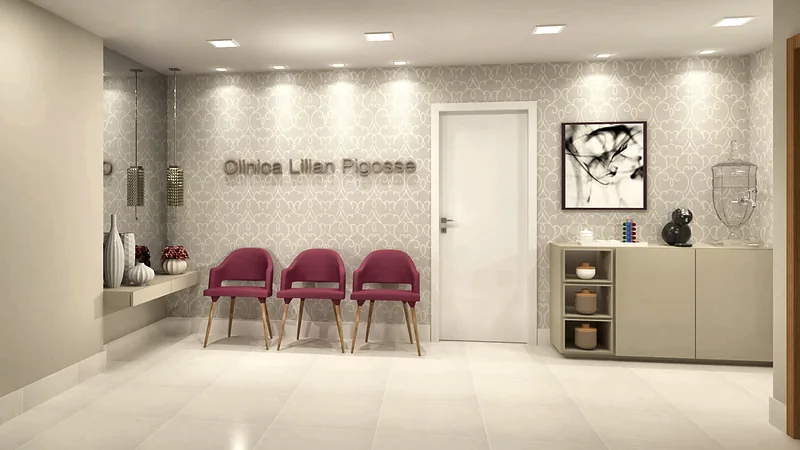 Clínica de Ginecologia: recepção, espera, consultório e sala de procedimentos de uma clínica de ginecologia