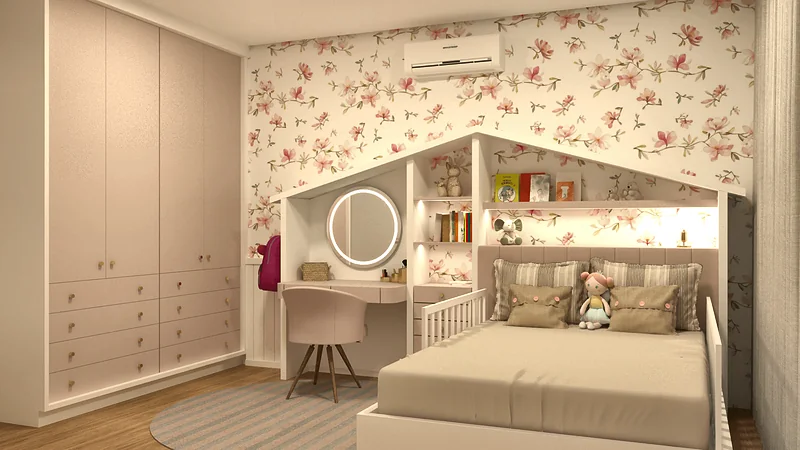 Quarto e Brinquedoteca: quarto infantil com cama em forma de casinha, bicama, escrivaninha e papel de parede floral