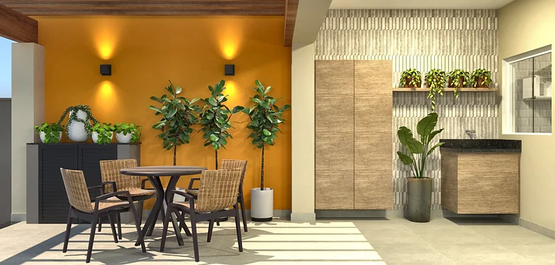 Varanda gourmet com parede laranja e mesa de refeições